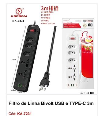 Filtro de Linha Bivolt USB e TYPE-C 3m